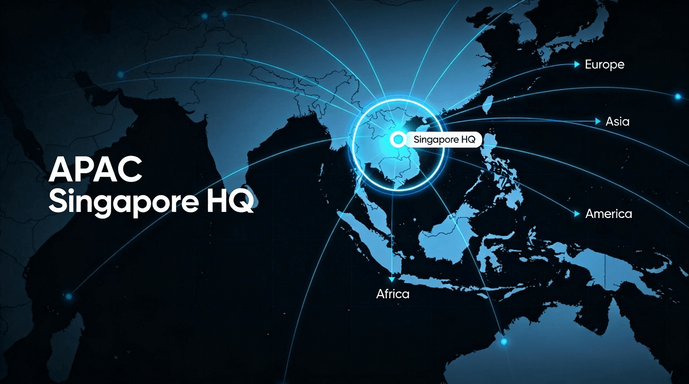 APAC Singapore HQ — global network connections to Europe, Asia, America and Africa